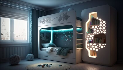 a beautiful, unique children's room with a bunk bed, cozy colors, LED light