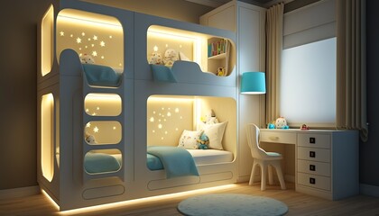 a beautiful, unique children's room with a bunk bed, cozy colors, LED light