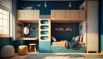 a beautiful, unique children's room with a bunk bed, cozy colors