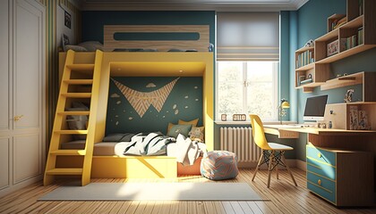 a beautiful, unique children's room with a bunk bed, cozy colors