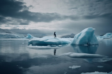 Global Warming Concept with Penguin on a Stranded Melting Iceberg emphasizing the danger of Global Warming. Ai generated
