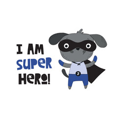 Superhero Dog animal character wearing comic costume, hand drawn style vector illustration. Scandinavian 
design with neutral color pallet. Best to use for print & as an Ad banners on social media