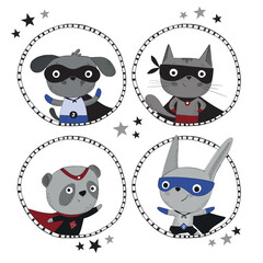 Superhero animal characters wearing comic costumes, hand drawn style vector illustration. Scandinavian 
design with neutral color pallet. Best to use for print & as an Ad banners on social media