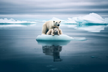 Naklejka na ściany i meble A white polar bear and her cub on a sheet of ice in the middle of the ocean, representing the impact of global warming on their habitat. Ai generated