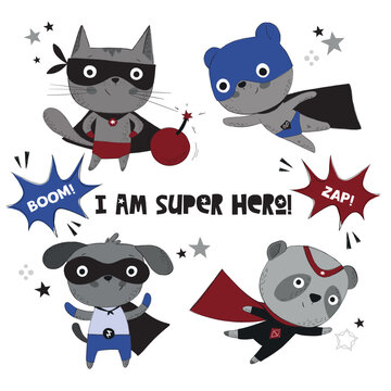Superhero animal characters wearing comic costumes, hand drawn style vector illustration. Scandinavian 
design with neutral color pallet. Best to use for print & as an Ad banners on social media