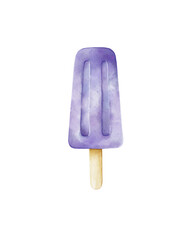 Blueberries popsicles, ice cream on a stick isolated on the white background. Healthy dessert. Purple or violet color. Digital watercolor design