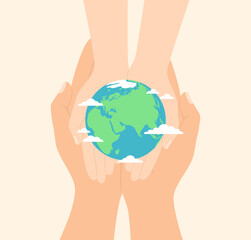 Hands of an adult and a child holding together the planet Earth in their palms, top view. Flat vector illustration