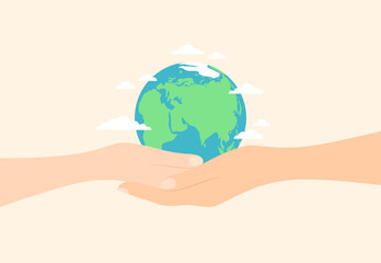 Hands of an adult and a child holding the planet Earth in their palms. Flat vector illustration