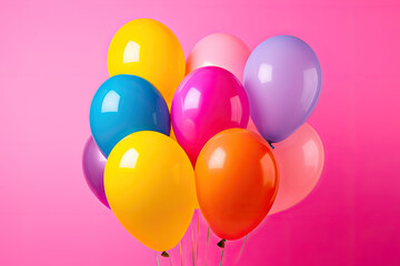 Bright festive balloons on a pink background. Generative ai.