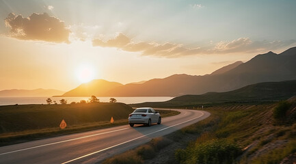 Travel by car along the road along the sea. Generative ai.