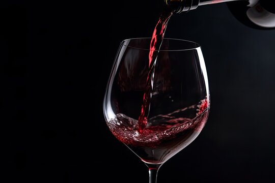 Pouring red wine from a bottle into a glass on a black background. Generative ai.