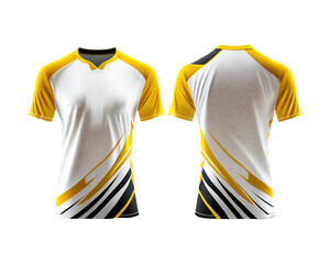 Mock up white jersey with gold and black splash pattern and chest shape, isolated for object and retouch design on transparent background. Generative AI.