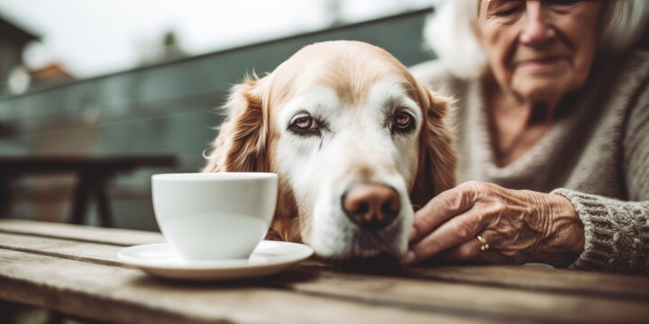 Dog sitting at the table outdoors with elderly woman, Generative ai