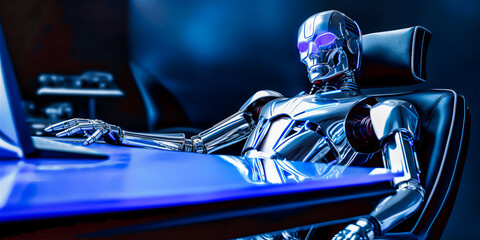 Professionaly photography of humanoids android cyborg, slick automotive design, sitting in the ofice table with computer on the table, crystal mountains office background, Generative AI