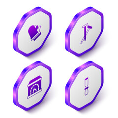 Set Isometric Protective gloves, Metallic nails, Blacksmith oven and Rasp metal file icon. Purple hexagon button. Vector