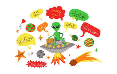 Vector set of space elements. UFO, alien, spaceship, comet, planets, stars, space, asteroid, bolide. Comic cartoon illustrations isolated on white.   Concepts for children print.