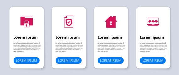 Set Laptop with password, House under protection, Contract shield and Folder and lock. Business infographic template. Vector