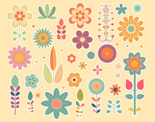 Set of groovy hippie retro flowers in flat style.  Flowers, white stroke and background layers are isolated.
