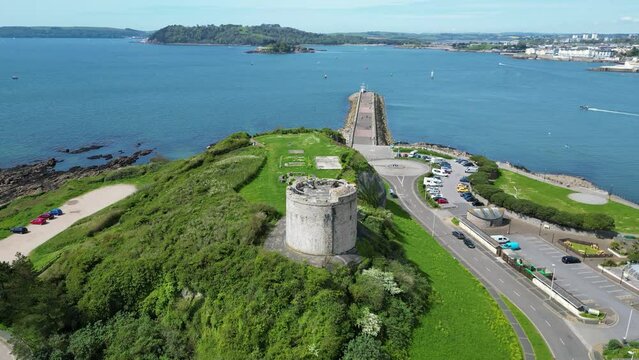 Aerial view of historic 17th century Mount Batten Tower in Plymouth, Devon UK.