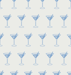 Seamless pattern of martini cocktail with a skewer of olives. Line art, retro. Vector illustration for bars, cafes, and restaurants.