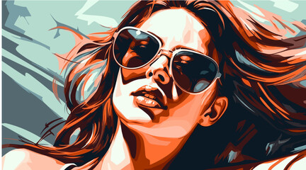 gros plan d'une jeune femme brune avec des lunettes de soleil en train de bronzer - obrazy, fototapety, plakaty