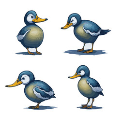 set of funny cartoon ducks. character sheet, illustration for children's book, multi positions.