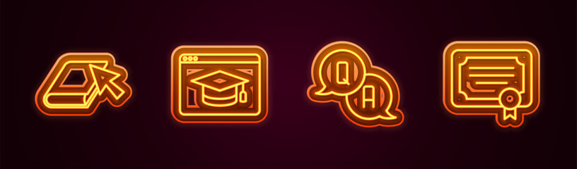 Set line Online book, education, Question and Answer and Certificate template. Glowing neon icon. Vector