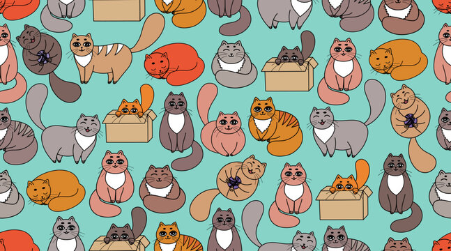 Cats pattern. Cartoon fun cats background. Funny kitten sleeping, playing, sitting on box, eating fish, relaxation.Different adorable cats print .Cute pets animal icons pack. Happy characters domestic