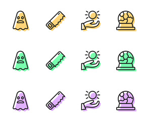 Set line Ball levitating above hand, Ghost, Hand saw and Magic ball icon. Vector
