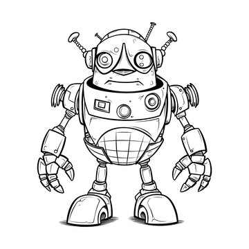 Robot Coloring Page Thick Outline Silhouette Hand Drawn Illustration, Halloween Characters black and white, transparent background