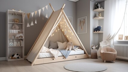 Fototapeta na wymiar beautiful, modern children's room with nice colors and tent bed