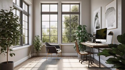 Fototapeta na wymiar Bright and Modern Home Office Interior Design (generative AI)