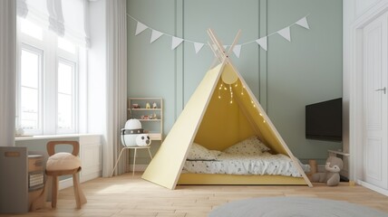 cozy, modern children's room with beautiful colors and a tent bed