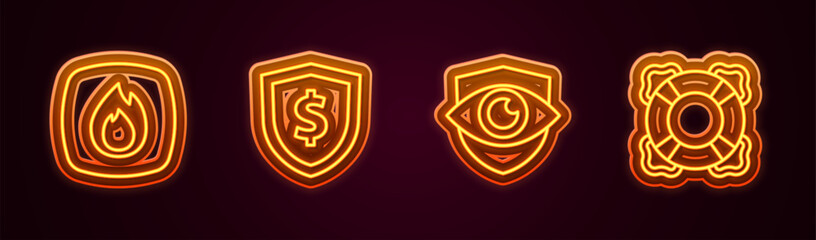 Obraz premium Set line Fire flame, Shield with dollar, and eye and Lifebuoy. Glowing neon icon. Vector