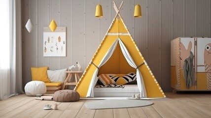 unique, modern children's room with beautiful colors and a tent bed