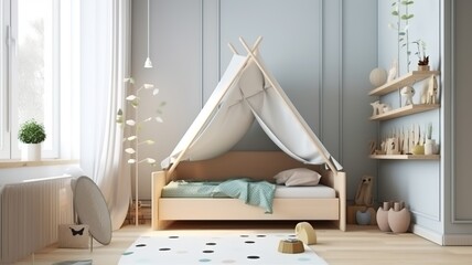 Fototapeta na wymiar a beautiful, modern children's room with nice pastel colors and a tent bed
