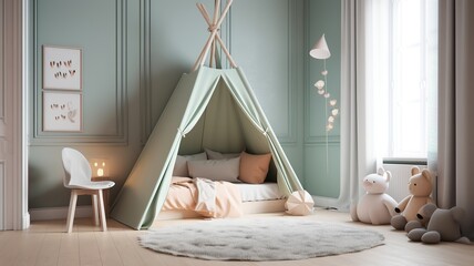 a beautiful, modern children's room with nice pastel colors and a tent bed