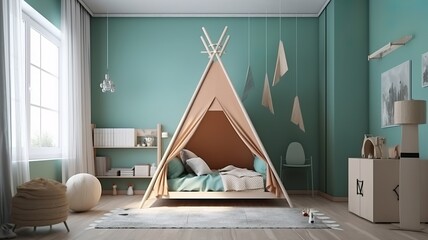 unique, modern children's room with beautiful colors and a tent bed