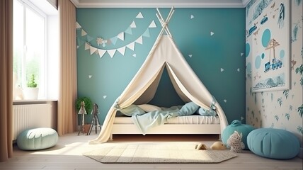 a beautiful, modern children's room with nice pastel colors and a tent bed