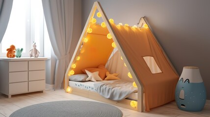 a beautiful, modern children's room with nice pastel colors and a tent bed