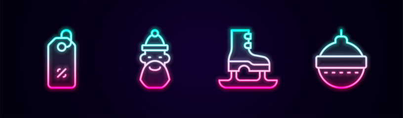 Set line Discount percent tag, Santa Claus hat and beard, Skates and Christmas ball. Glowing neon icon. Vector