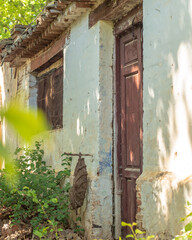 depicts the facade of an abandoned house in the midst of nature, with peeling white paint and broken windows. It conveys a message of rural depopulation and a sense of abandonment, with overgrown foli