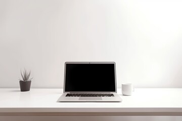 Fototapeta premium Personal workplace with a laptop with a blank screen on a white background. Generative ai.