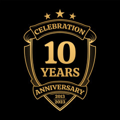 10 years anniversary icon or logo. 10th yubilee celebration, business company birthday badge or label. Vintage banner with shield and ribbon. Wedding, invitation design element. Vector illustration.