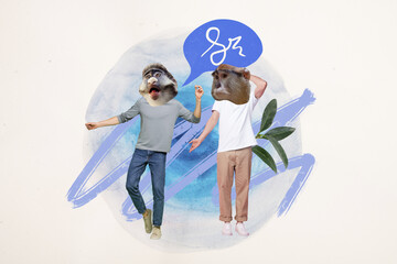 Collage picture of two monkey head people dance communicate dialogue bubble isolated on drawing...