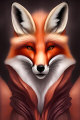 Obraz premium Portrait of a red fox in clothes on a dark background. The head of a beautiful forest animal. Smart look of a dodgy fox, a skillful predator and an elegant animal, generative AI