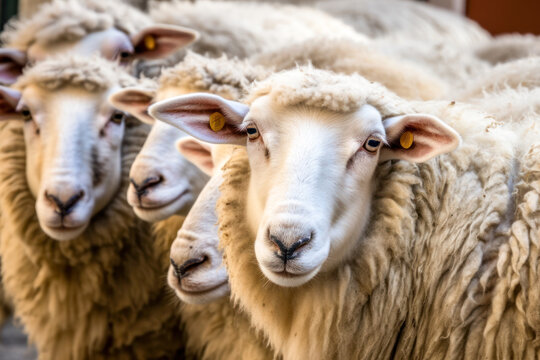 closeup of flock of sheep. generative ai