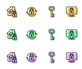 Set line Old key, House under protection, Lock and icon. Vector