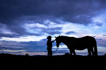 woman patting horse in farm paddock at dusk with sunset cloudy sky behind