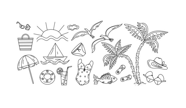 Summer beach set. Cartoon attributes of rest on the sea and ocean. Swimsuit, drink in a glass, seagulls, sun. Set of vector summer holidays. Illustration on an isolated background.